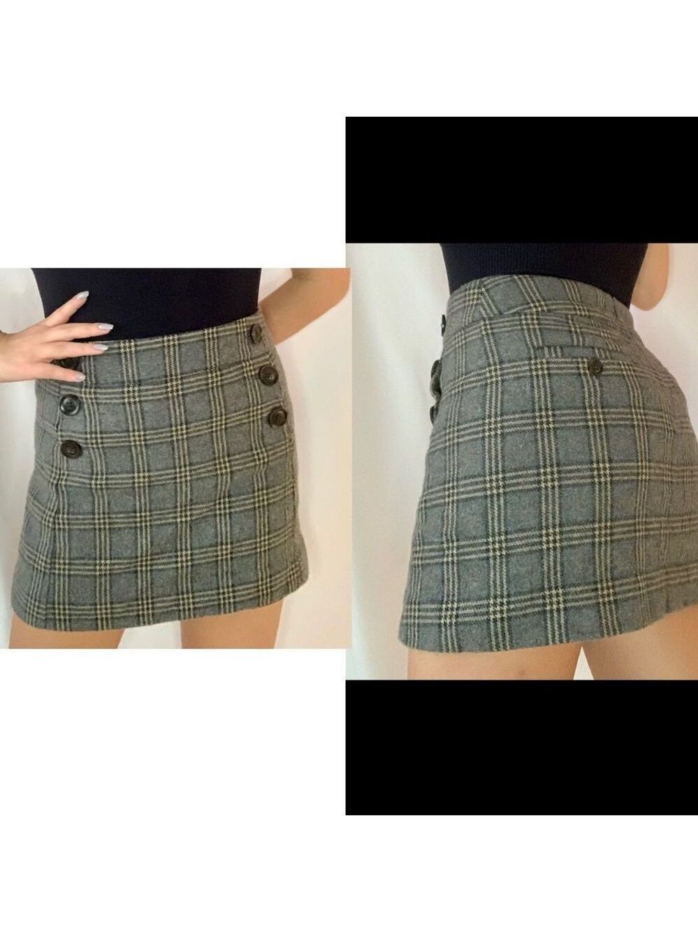 GAP gray brown wool plaid check button detail miniskirt Sz 8 - Picture 1 of 14